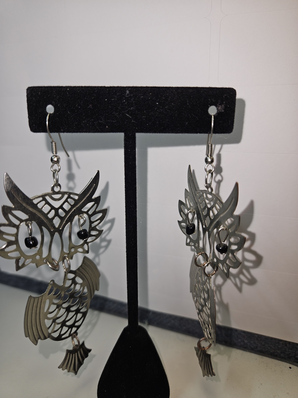 Silver-Tone Filigree Owl Drop Earrings with Black Accent Beads